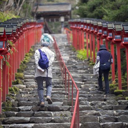 Two people walking up steps to Kifune Shrine