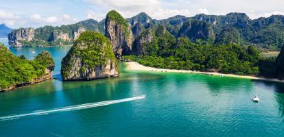 Aerial shot of karst rock formations during sunset in beatiful Ao Nang beach in Krabi, Thailand