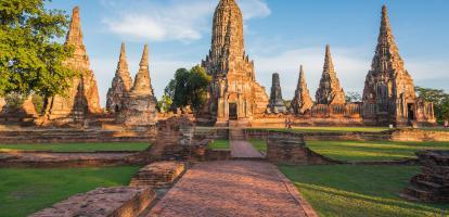 Sunset hits the ruins of the historic city of Ayutthaya, a UNESCO World Heritage site in Thailand