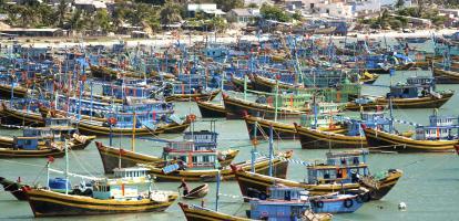 Colorful Boats are parked in Mui Ne Bay, Vietnam