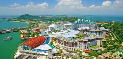 Aerial view of the colorful parks and buildings in Sentosa Island in Singapore