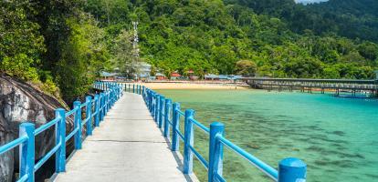 Concrete walkway with blue handrails along Tioman island's beautiful jungle backdrop