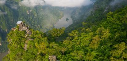 Aerial view of the dramatic forest-covered karst rock formations near Nong Khiaw in northern Laos