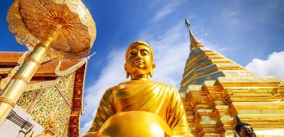 Golden statue and temple in Wat Prha That Doi Suthep in Northern Thailand