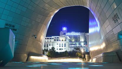 Modern and vibrant architecture with neon lights in downtown Seoul