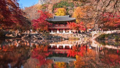 Baegyangsa temple surrounded by autumn colors are reflected on a pond