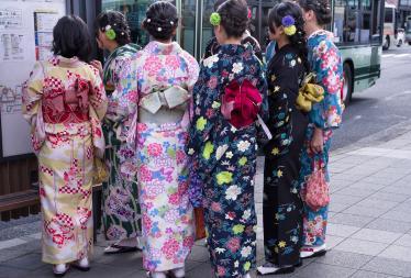 Group of Japanese ladies wearing colourful kimonos